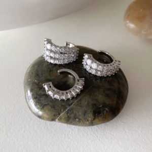 Silver Hoop Earrings with Diamonds Cuff 3 PCS
