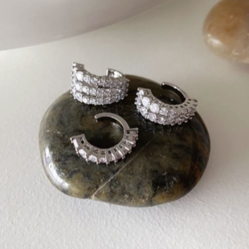 Silver Hoop Earrings with Diamonds Cuff 3 PCS image