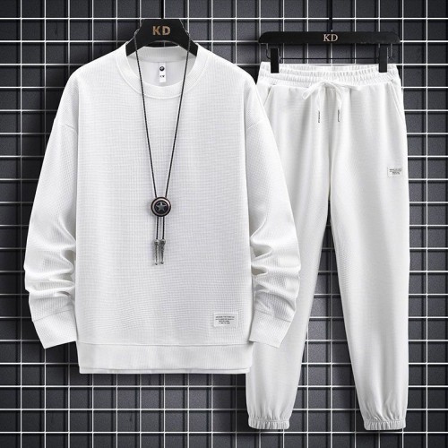 Men's Waffle Tracksuit For Spring & Autumn (2Pcs) White image