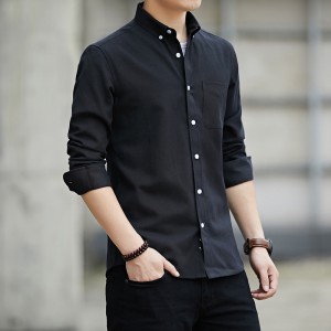Men's Long Sleeved Casual Thin Oxford Shirt - Black