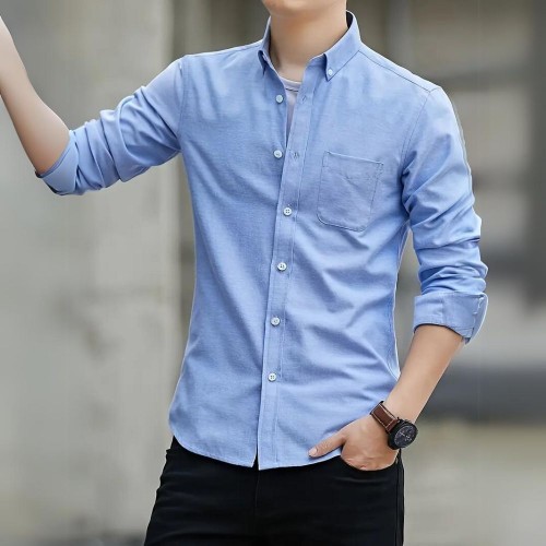 Men's Long Sleeved Casual Thin Oxford Shirt - Light Blue image