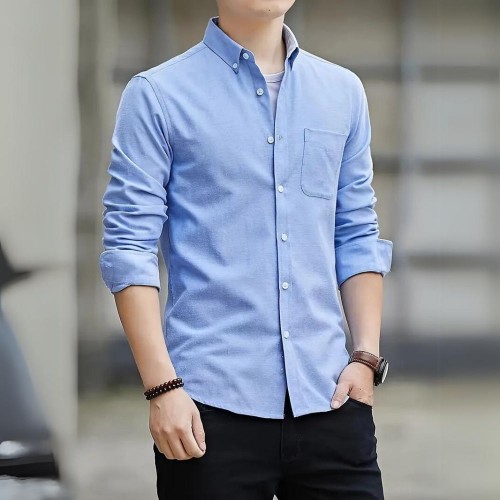 Men's Long Sleeved Casual Thin Oxford Shirt - Light Blue image