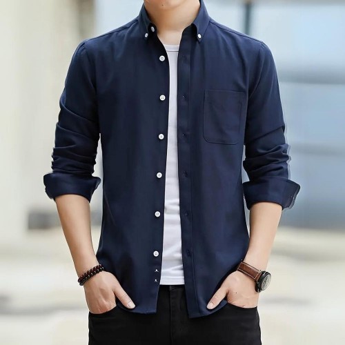 Men's Long Sleeved Casual Thin Oxford Shirt - Navy Blue image