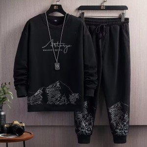 Men's Black Color Tracksuits Casual 2 Piece Set