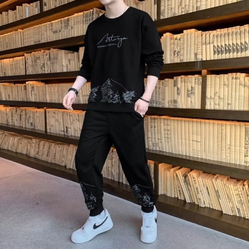 Men's Black Color Tracksuits Casual 2 Piece Set image