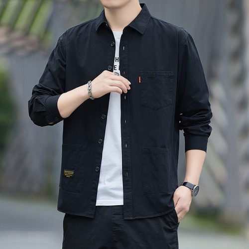 Men's Long Sleeves Cotton Shirt With Turn Down Collar - Black image