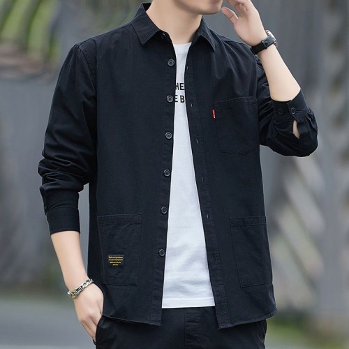 Men's Long Sleeves Cotton Shirt With Turn Down Collar - Black image