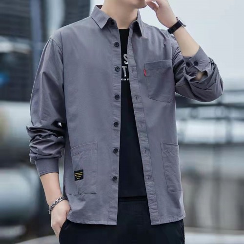 Men's Long Sleeves Cotton Shirt With Turn Down Collar - Dark Grey image