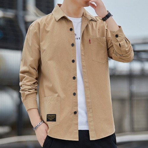 Men's Long Sleeves Cotton Shirt With Turn Down Collar - Brown image