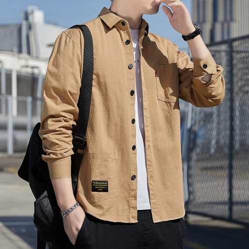 Men's Long Sleeves Cotton Shirt With Turn Down Collar - Brown image