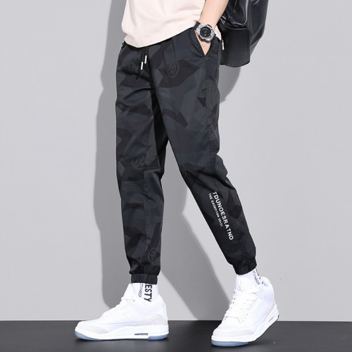 Men's Camouflage Sweatpants Casual Multi Pockets Bottoms Elastic-Black image