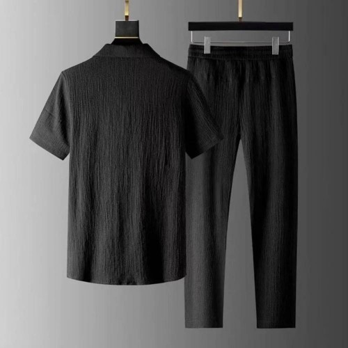 Men's 2 Piece Outfits Summer Loose Fit Suits Short Sleeve Shirts And Pants-Black image