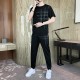 Men's Sports Short Sleeve Pants Two Piece Round Neck Tracksuit - Black image