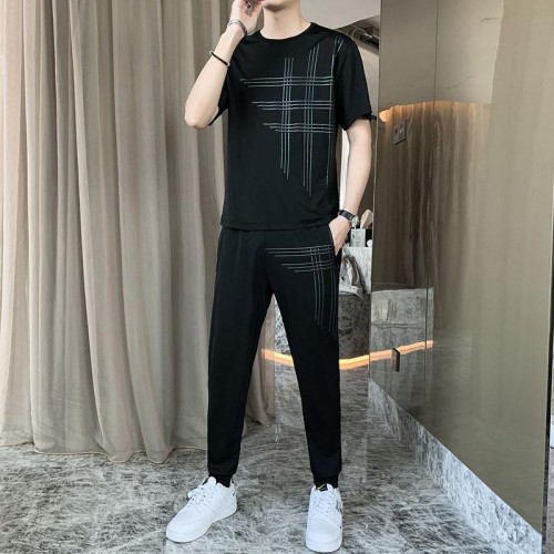 Men's Sports Short Sleeve Pants Two Piece Round Neck Tracksuit - Black image