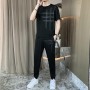 Men's Sports Short Sleeve Pants Two Piece Round Neck Tracksuit - Black