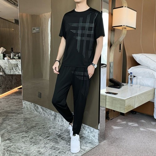 Men's Sports Short Sleeve Pants Two Piece Round Neck Tracksuit - Black image