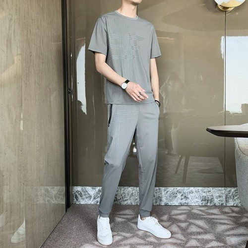 Men's Sports Short Sleeve Pants Two Piece Round Neck Tracksuit - Grey image