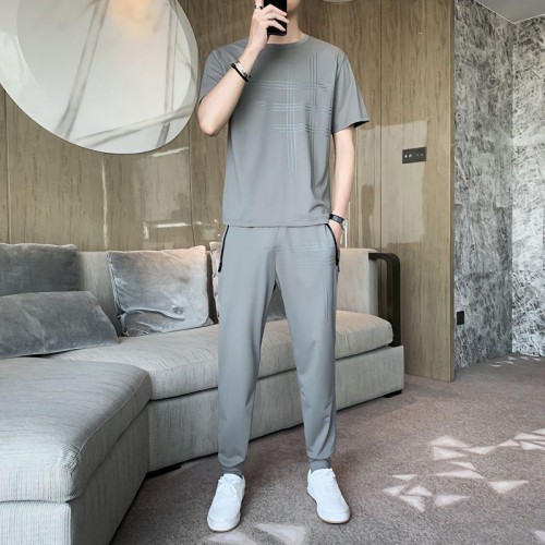 Men's Sports Short Sleeve Pants Two Piece Round Neck Tracksuit - Grey image