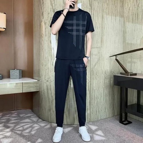 Men's Sports Short Sleeve Pants Two Piece Round Neck Tracksuit - Navy Blue image