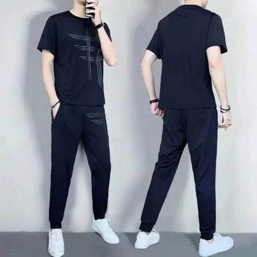 Men's Sports Short Sleeve Pants Two Piece Round Neck Tracksuit - Navy Blue image