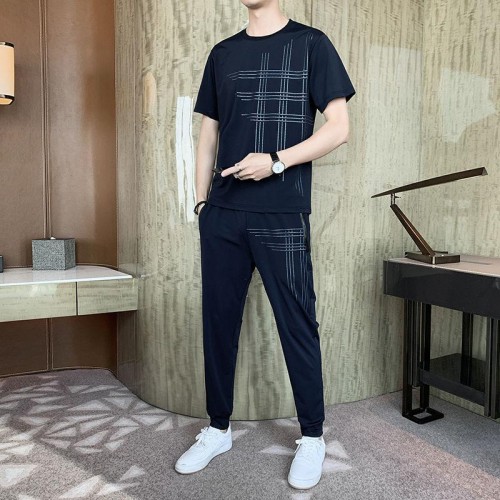 Men's Sports Short Sleeve Pants Two Piece Round Neck Tracksuit - Navy Blue image