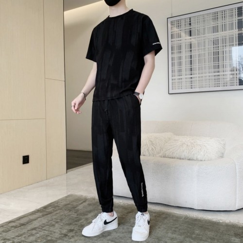 Men's Short Sleeve Ice Silk Leisure Tracksuits - Black image