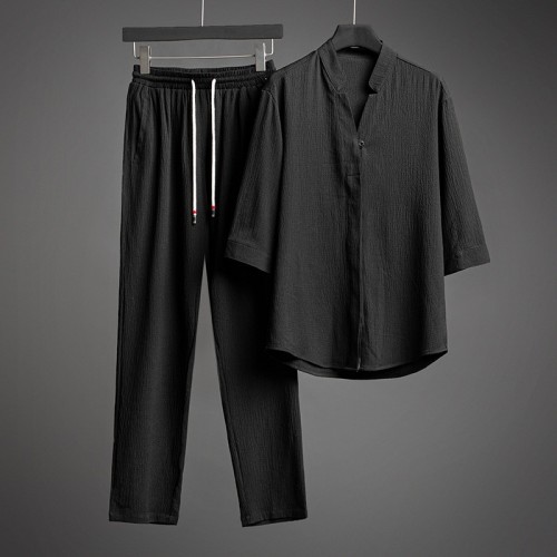 Men Short Sleeve Linen Shirt And Pants Sets - Black image