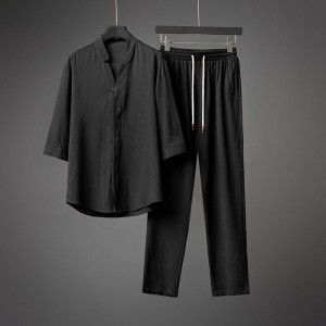 Men Short Sleeve Linen Shirt And Pants Sets - Black
