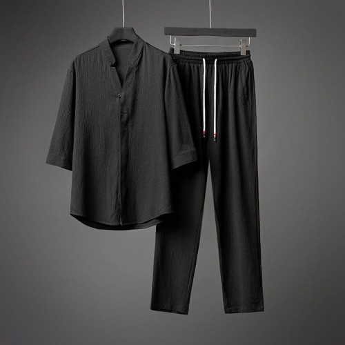 Men Short Sleeve Linen Shirt And Pants Sets - Black image