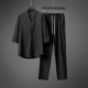 Men Short Sleeve Linen Shirt And Pants Sets - Black image