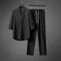 Men Short Sleeve Linen Shirt And Pants Sets - Black