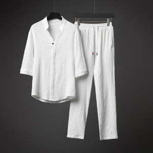 Men Short Sleeve Linen Shirt And Pants Sets - White 