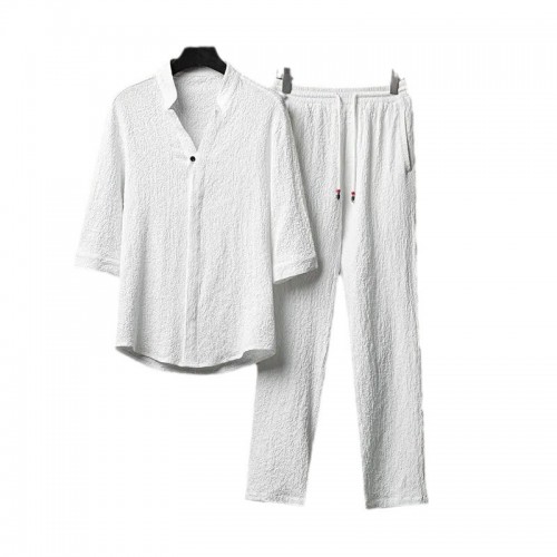 Men Short Sleeve Linen Shirt And Pants Sets - White image