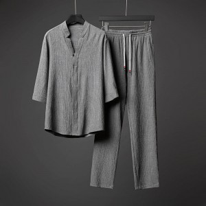 Men Short Sleeve Linen Shirt And Pants Sets - Grey