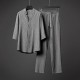 Men Short Sleeve Linen Shirt And Pants Sets - Grey image