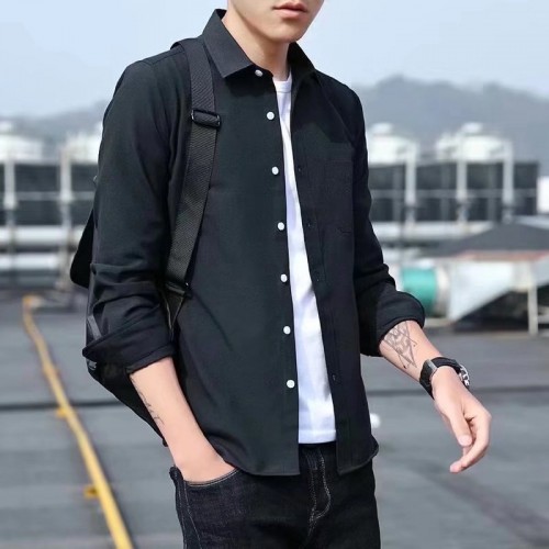 Korean Style Slim Fit Long Sleeve Shirt - Black image