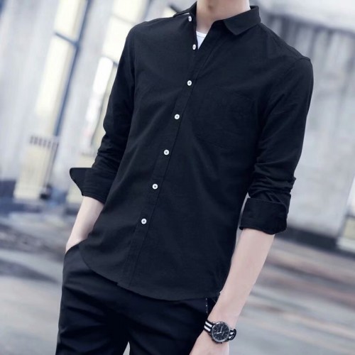 Korean Style Slim Fit Long Sleeve Shirt - Black image