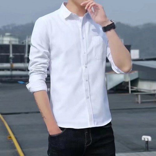 Korean Style Slim Fit Long Sleeve Shirt - White image