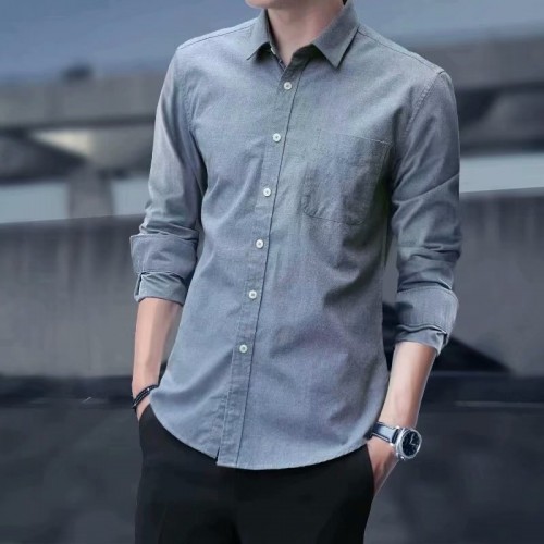 Korean Style Slim Fit Long Sleeve Shirt - Grey image