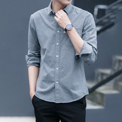 Korean Style Slim Fit Long Sleeve Shirt - Grey image