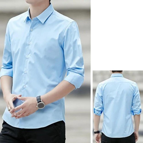 Men Classic Fit Long Sleeve Wrinkle Free Button Shirt-Light Blue image