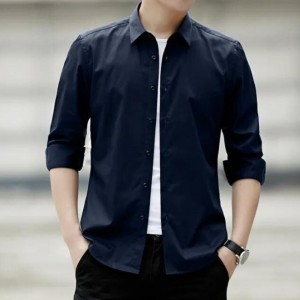 Men Classic Fit Long Sleeve Wrinkle Free Button Shirt - Navy Blue