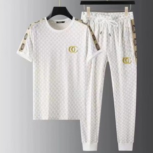 Men's White T-Shirt And Jogger Set With Gold Stripes