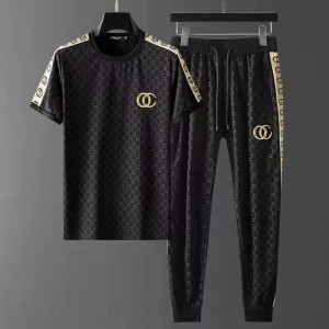 Men's Black T-Shirt And Jogger Set With Gold Stripes