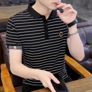 Men's Short-Sleeved T-Shirt Striped Cotton Slim Fit - Black