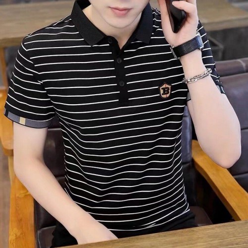 Men's Short-Sleeved T-Shirt Striped Cotton Slim Fit - Black image