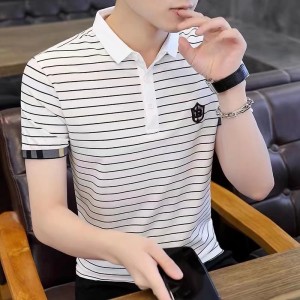 Men's Short-Sleeved T-Shirt Striped Cotton Slim Fit - White