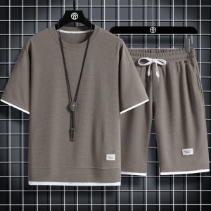 Men's Waffle Knit Tracksuit Set Relaxed Summer Style - Brown