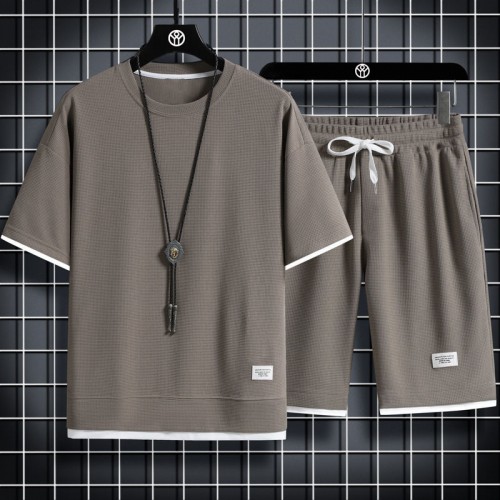 Men's Waffle Knit Tracksuit Set Relaxed Summer Style - Brown image