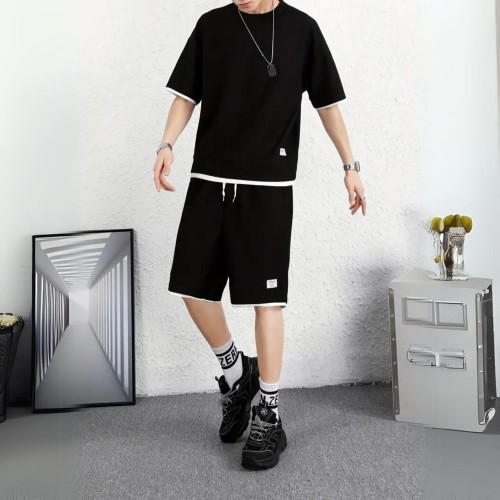 Men's Waffle Knit Tracksuit Set Relaxed Summer Style - Black image